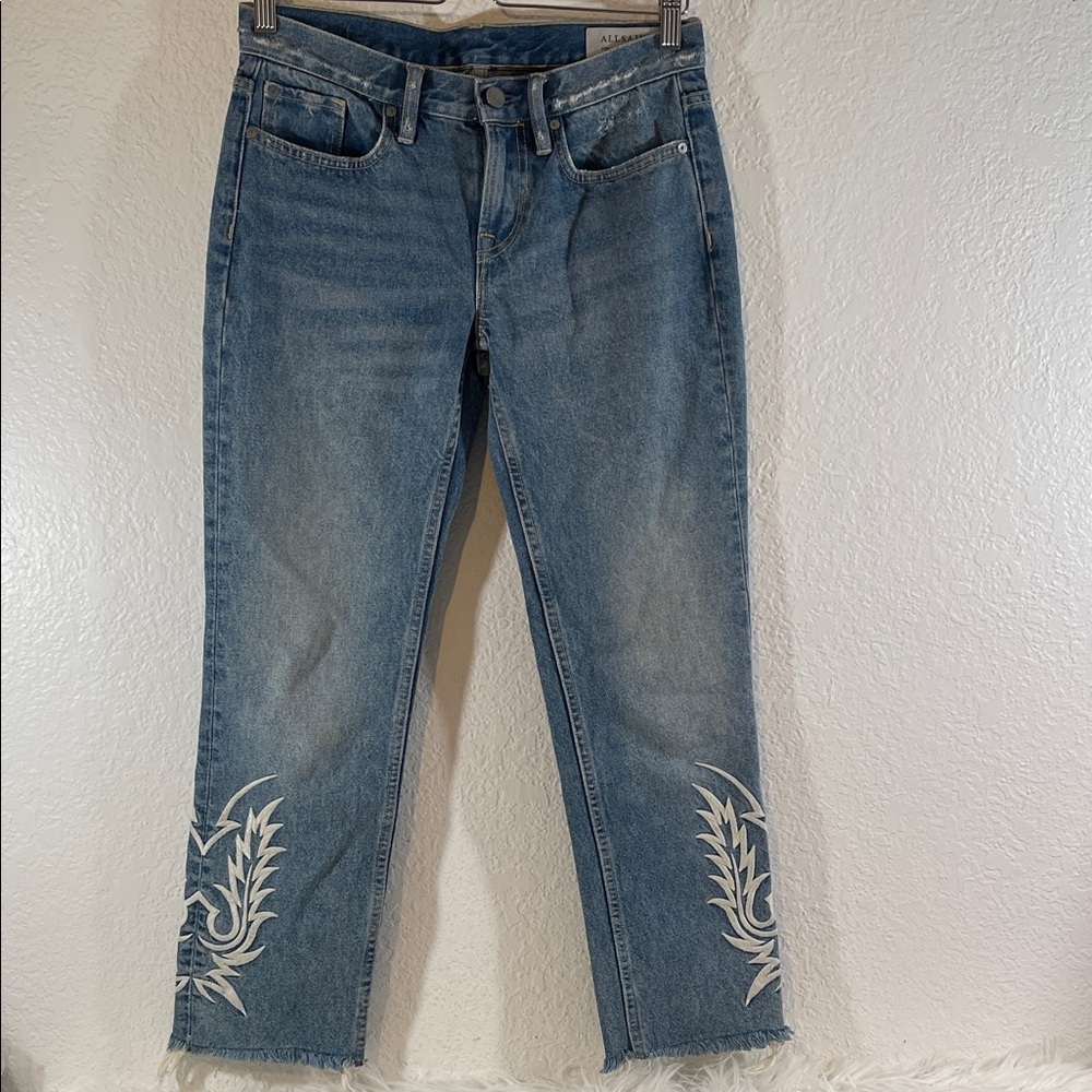 All Saints Philly Embroidered Blue Denim Jeans Raw Hem Size W25 - Picture 3 of 12